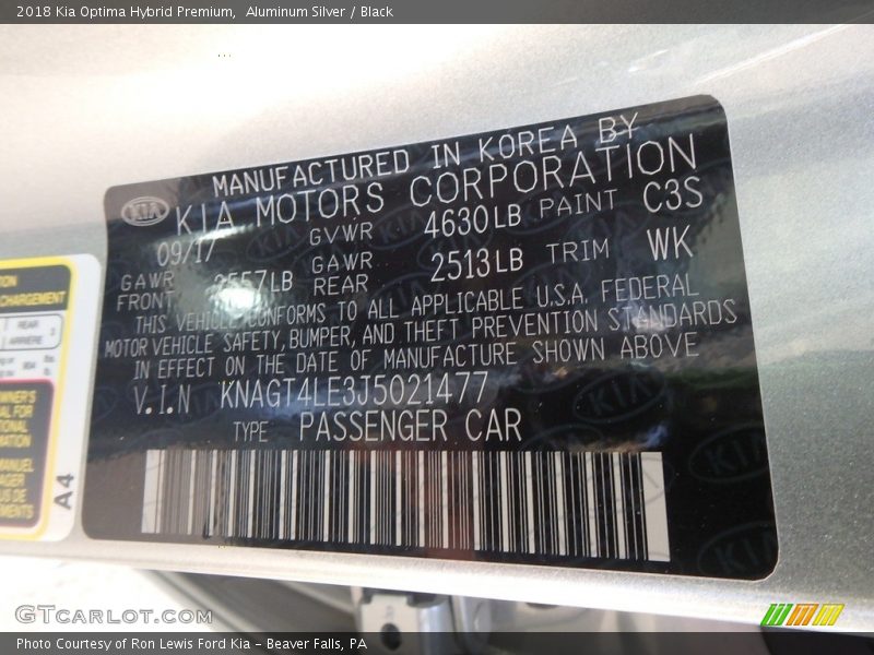 2018 Optima Hybrid Premium Aluminum Silver Color Code C3S