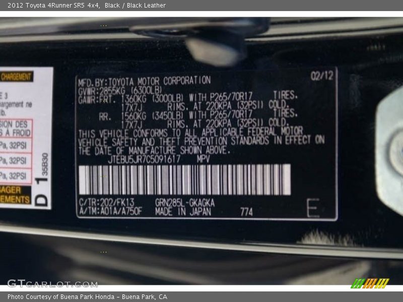 Black / Black Leather 2012 Toyota 4Runner SR5 4x4