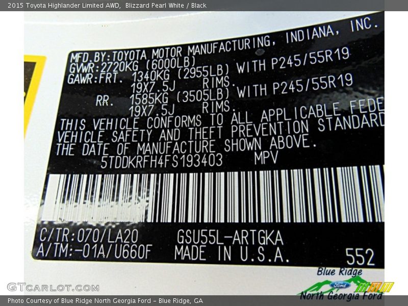 Blizzard Pearl White / Black 2015 Toyota Highlander Limited AWD