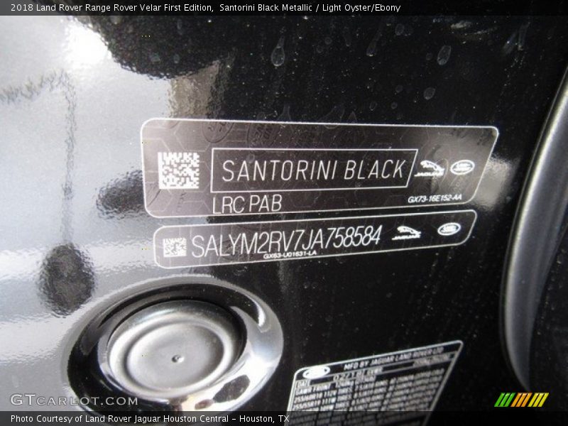 2018 Range Rover Velar First Edition Santorini Black Metallic Color Code PAB