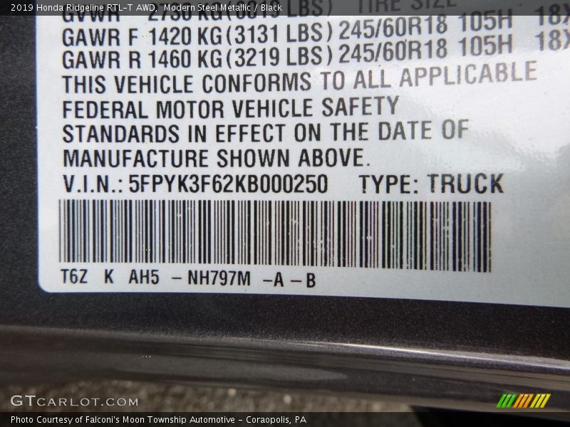 2019 Ridgeline RTL-T AWD Modern Steel Metallic Color Code NH797M