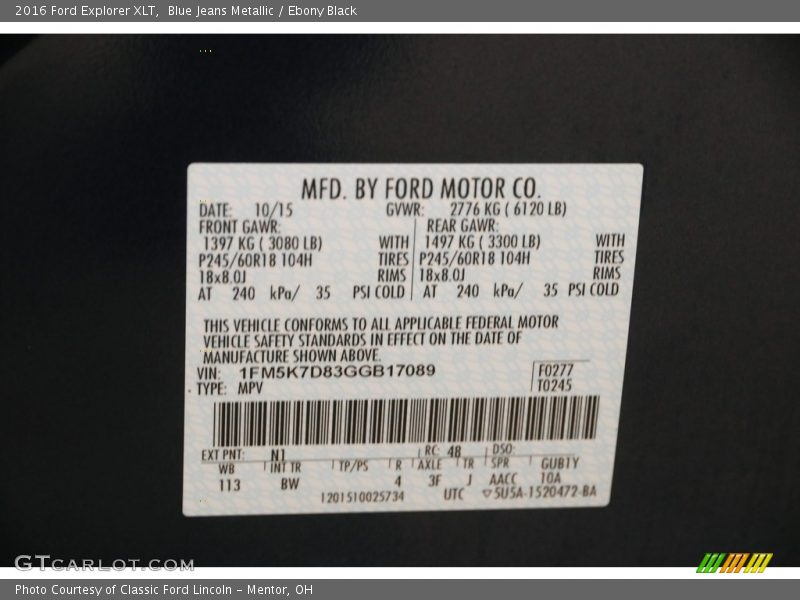 Blue Jeans Metallic / Ebony Black 2016 Ford Explorer XLT