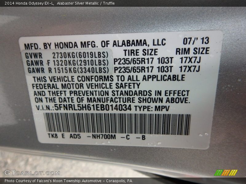 Alabaster Silver Metallic / Truffle 2014 Honda Odyssey EX-L