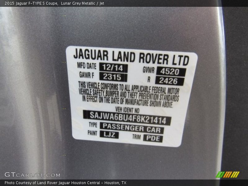 2015 F-TYPE S Coupe Lunar Grey Metallic Color Code LJZ