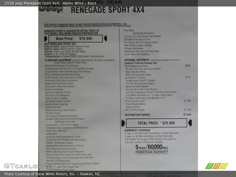  2018 Renegade Sport 4x4 Window Sticker