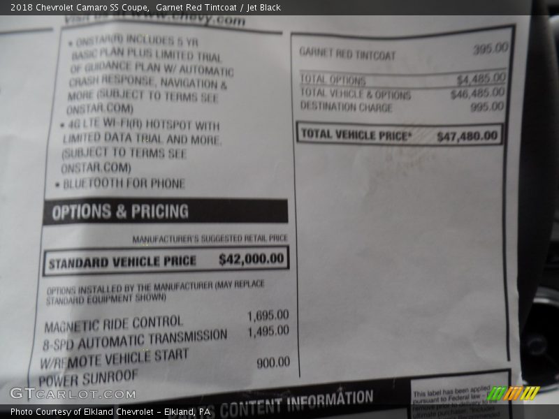  2018 Camaro SS Coupe Window Sticker