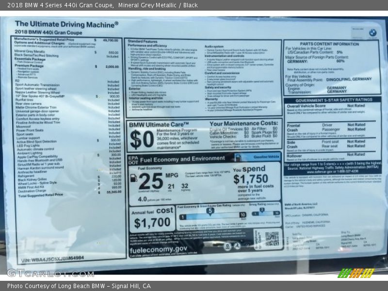 Mineral Grey Metallic / Black 2018 BMW 4 Series 440i Gran Coupe