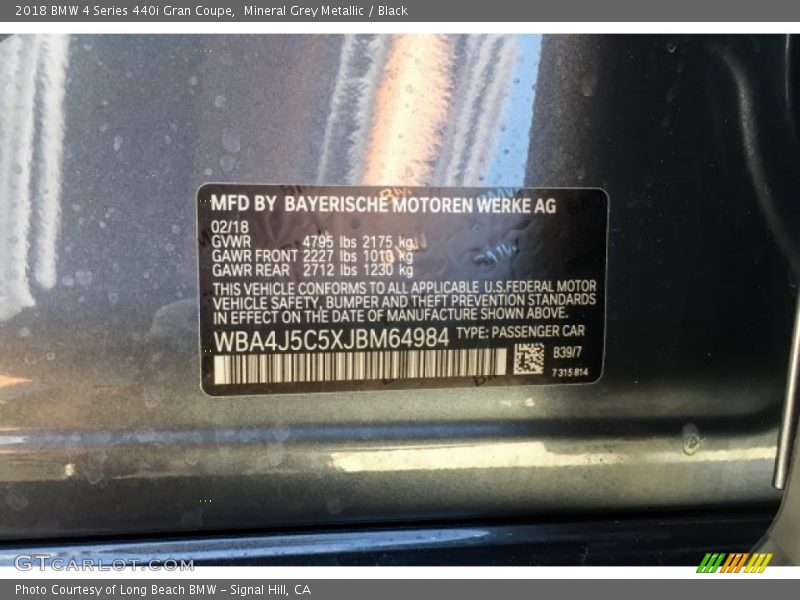Mineral Grey Metallic / Black 2018 BMW 4 Series 440i Gran Coupe