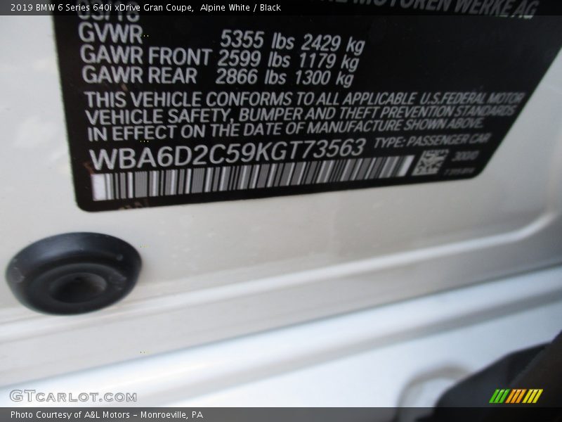 2019 6 Series 640i xDrive Gran Coupe Alpine White Color Code 300