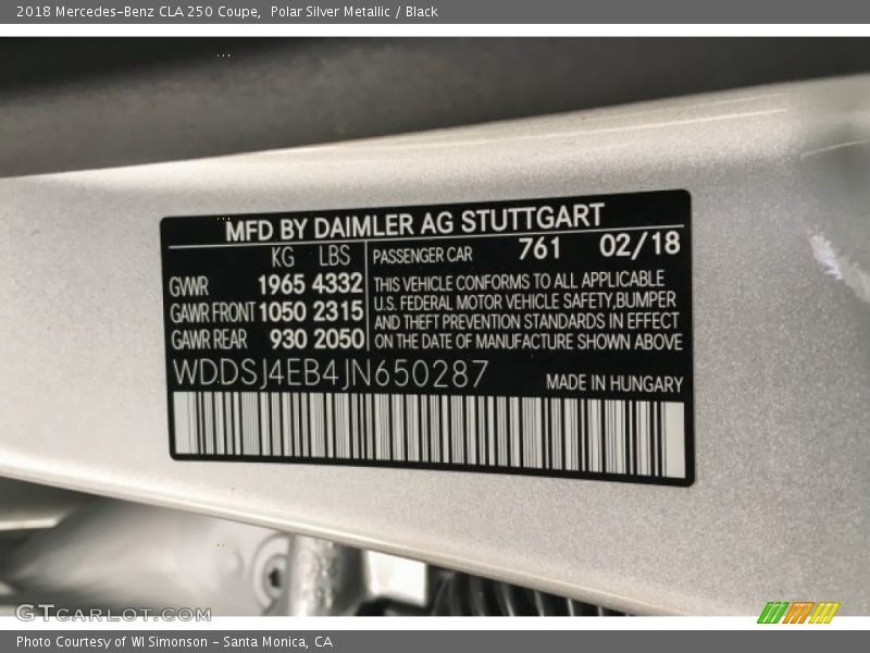 Polar Silver Metallic / Black 2018 Mercedes-Benz CLA 250 Coupe