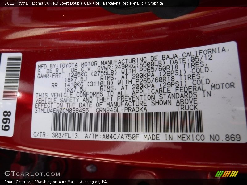 Barcelona Red Metallic / Graphite 2012 Toyota Tacoma V6 TRD Sport Double Cab 4x4