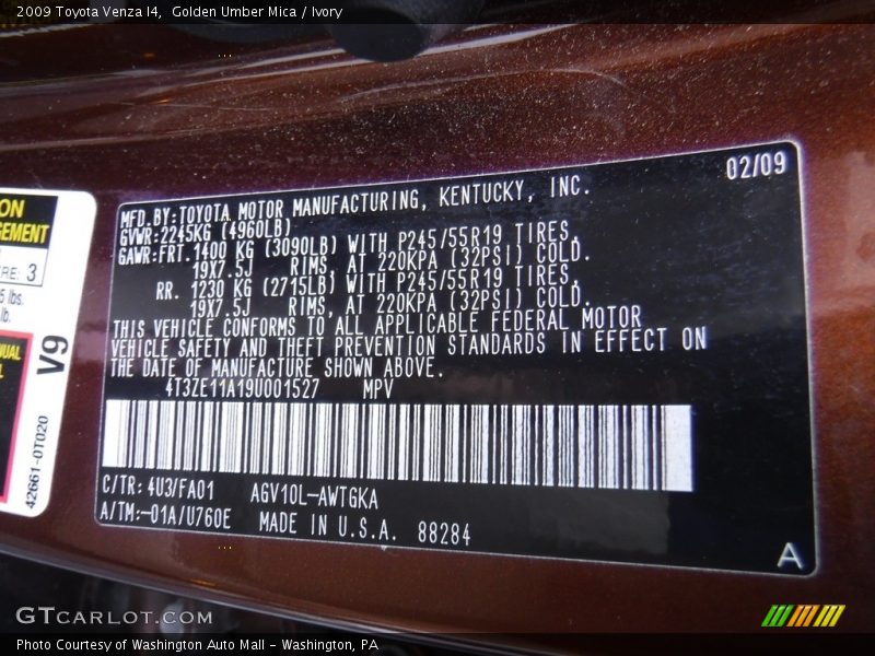 Golden Umber Mica / Ivory 2009 Toyota Venza I4