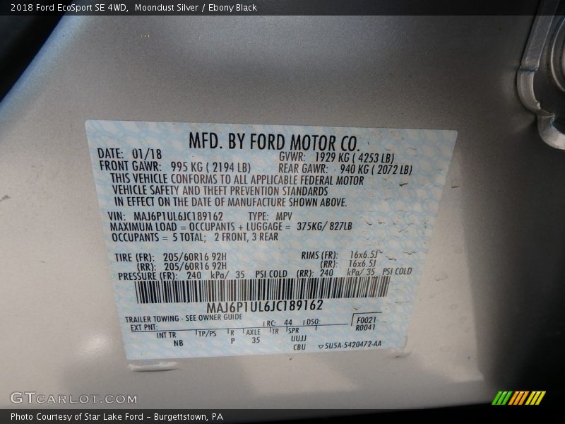 Moondust Silver / Ebony Black 2018 Ford EcoSport SE 4WD