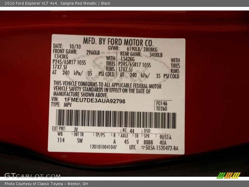 Sangria Red Metallic / Black 2010 Ford Explorer XLT 4x4