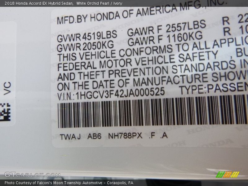 2018 Accord EX Hybrid Sedan White Orchid Pearl Color Code NH788PX