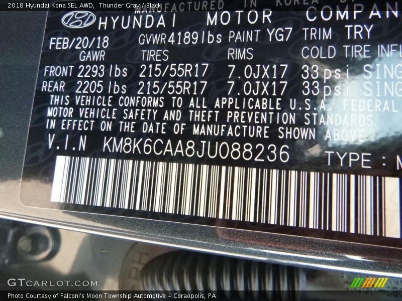 Thunder Gray / Black 2018 Hyundai Kona SEL AWD