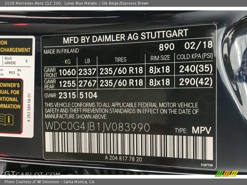 Lunar Blue Metallic / Silk Beige/Espresso Brown 2018 Mercedes-Benz GLC 300