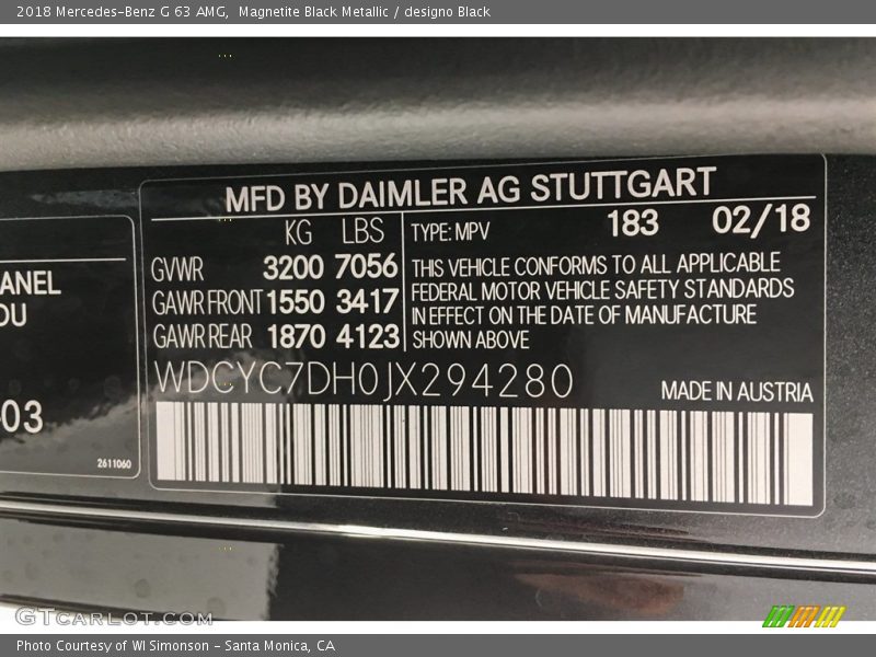 2018 G 63 AMG Magnetite Black Metallic Color Code 183