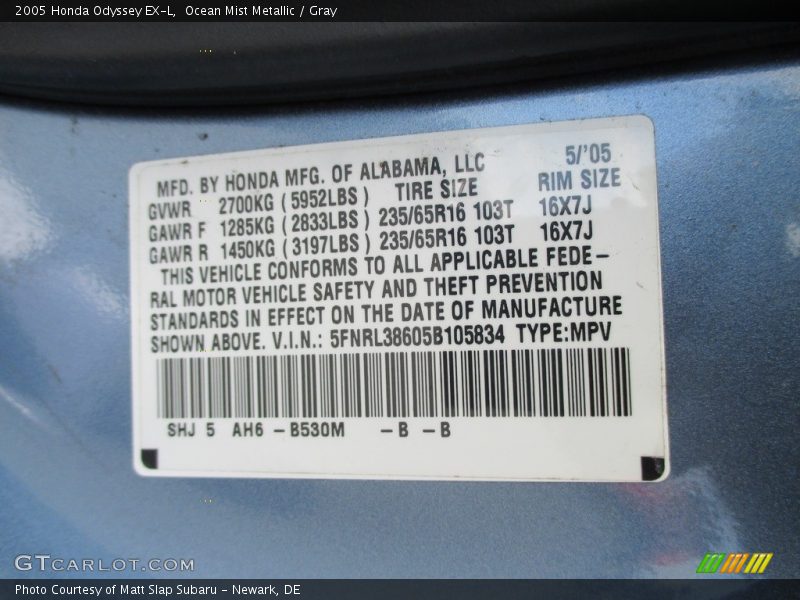 Ocean Mist Metallic / Gray 2005 Honda Odyssey EX-L