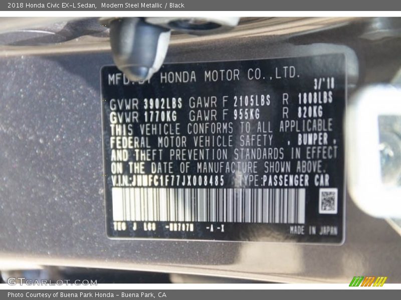 Modern Steel Metallic / Black 2018 Honda Civic EX-L Sedan