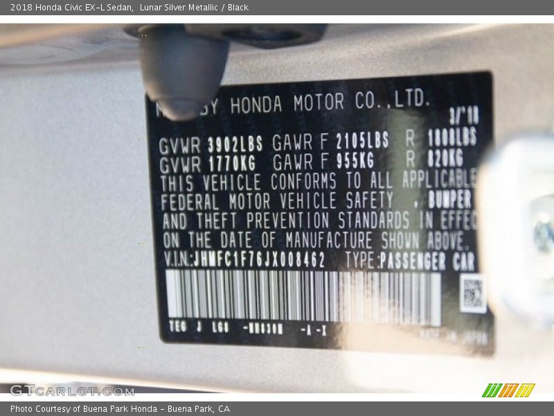 Lunar Silver Metallic / Black 2018 Honda Civic EX-L Sedan