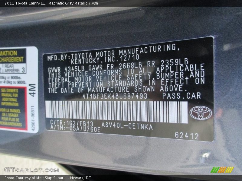 Magnetic Gray Metallic / Ash 2011 Toyota Camry LE