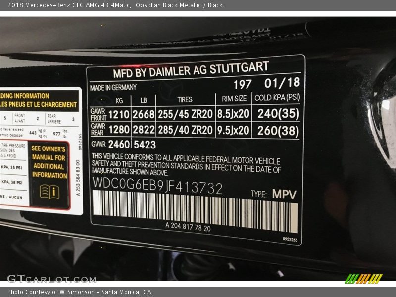 2018 GLC AMG 43 4Matic Obsidian Black Metallic Color Code 197