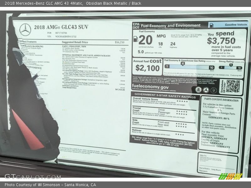  2018 GLC AMG 43 4Matic Window Sticker