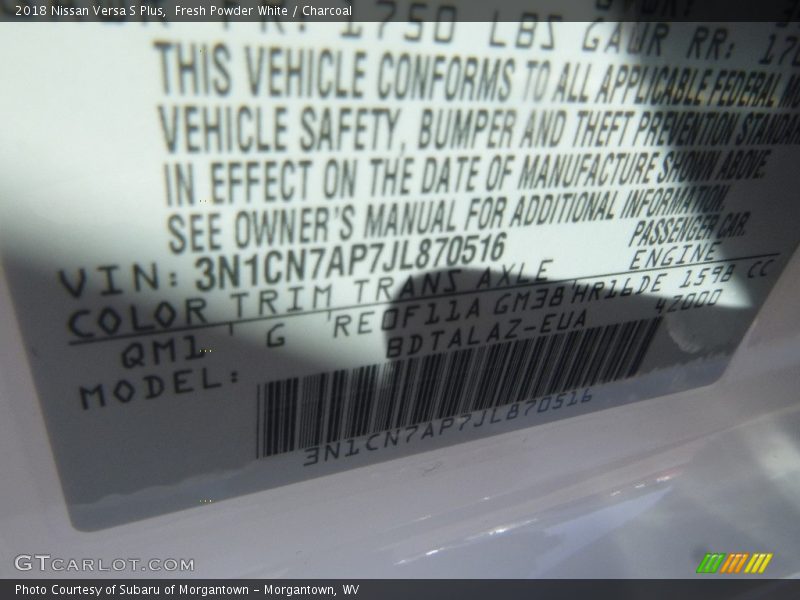 Fresh Powder White / Charcoal 2018 Nissan Versa S Plus