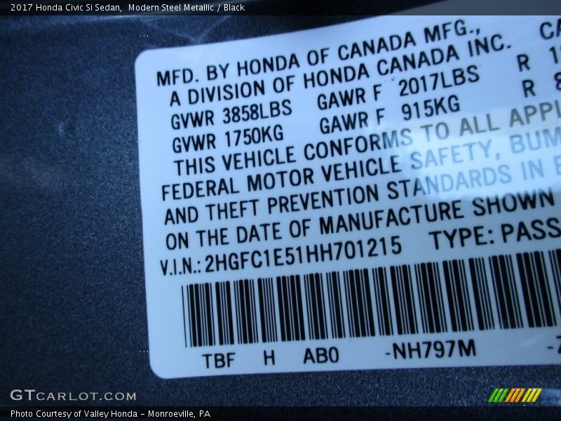 Modern Steel Metallic / Black 2017 Honda Civic Si Sedan