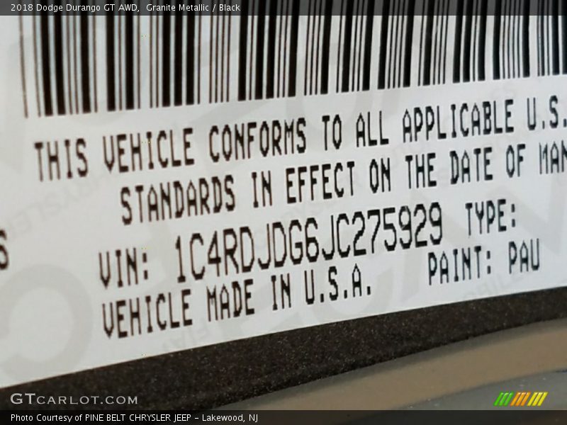 Granite Metallic / Black 2018 Dodge Durango GT AWD