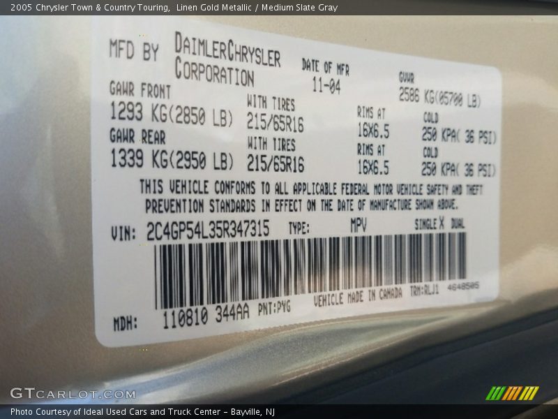 Linen Gold Metallic / Medium Slate Gray 2005 Chrysler Town & Country Touring