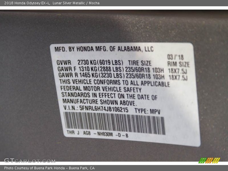 Lunar Silver Metallic / Mocha 2018 Honda Odyssey EX-L