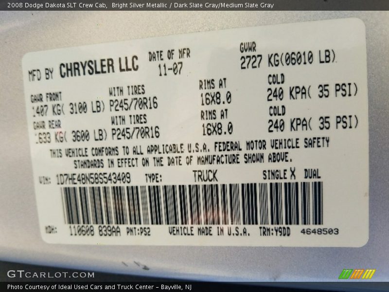Bright Silver Metallic / Dark Slate Gray/Medium Slate Gray 2008 Dodge Dakota SLT Crew Cab