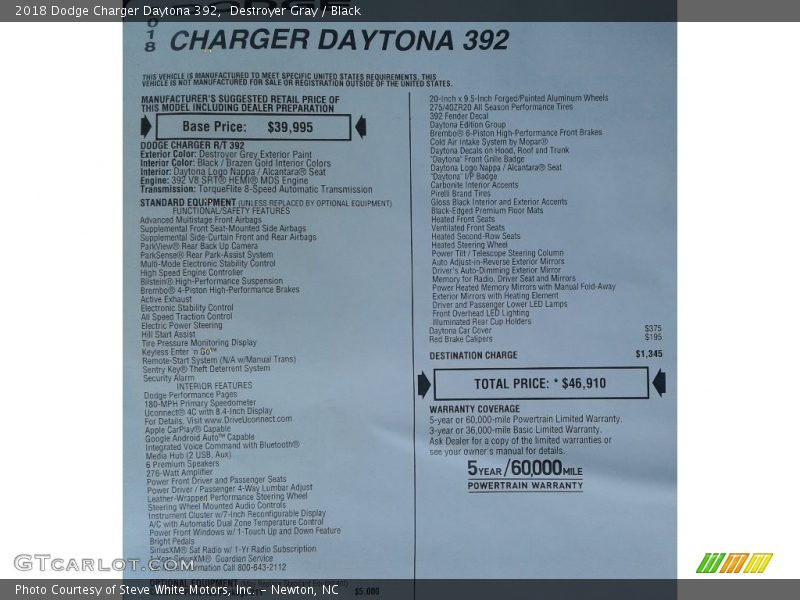 Destroyer Gray / Black 2018 Dodge Charger Daytona 392