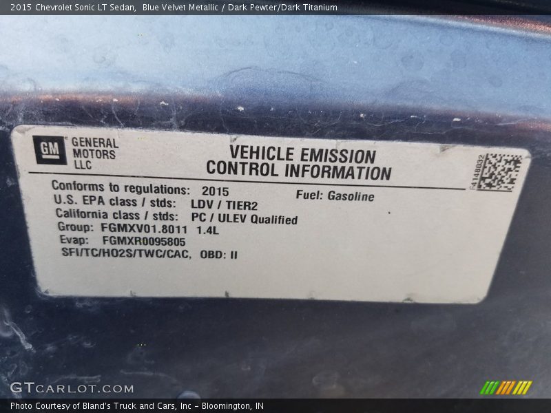 Blue Velvet Metallic / Dark Pewter/Dark Titanium 2015 Chevrolet Sonic LT Sedan