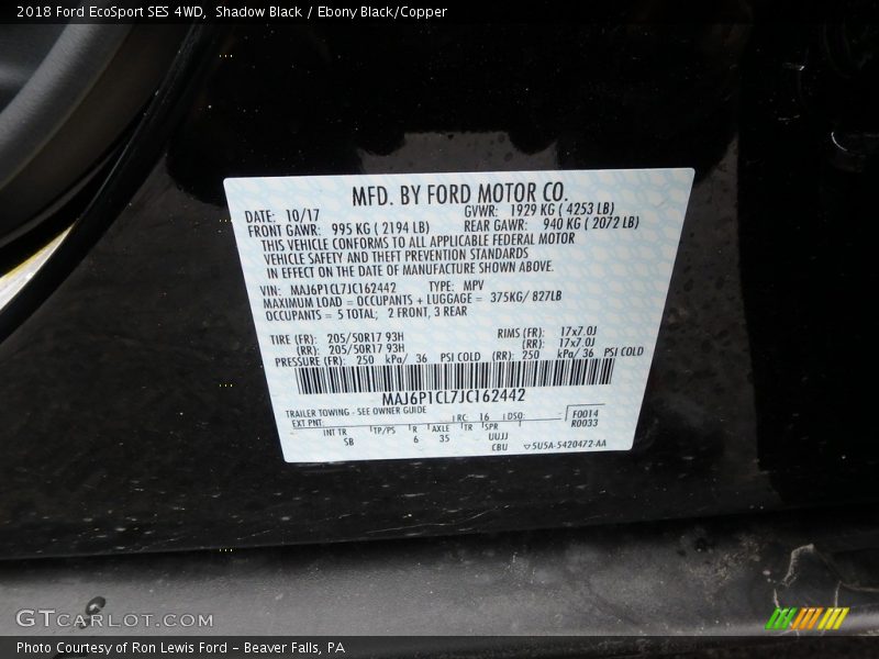 Shadow Black / Ebony Black/Copper 2018 Ford EcoSport SES 4WD