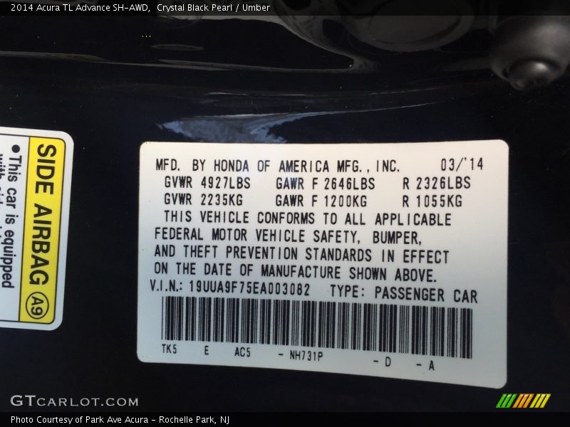 Crystal Black Pearl / Umber 2014 Acura TL Advance SH-AWD