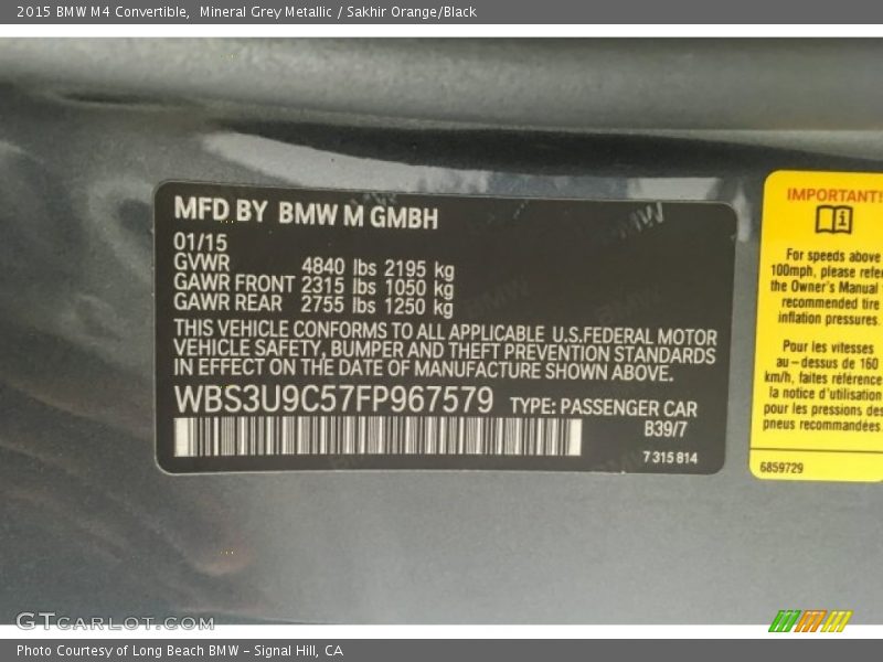 Mineral Grey Metallic / Sakhir Orange/Black 2015 BMW M4 Convertible