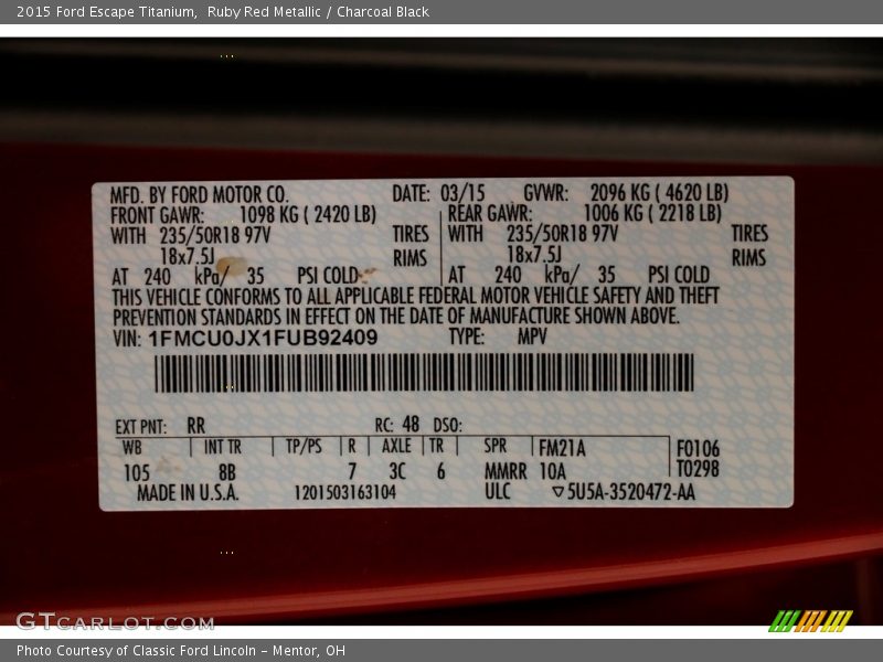 Ruby Red Metallic / Charcoal Black 2015 Ford Escape Titanium