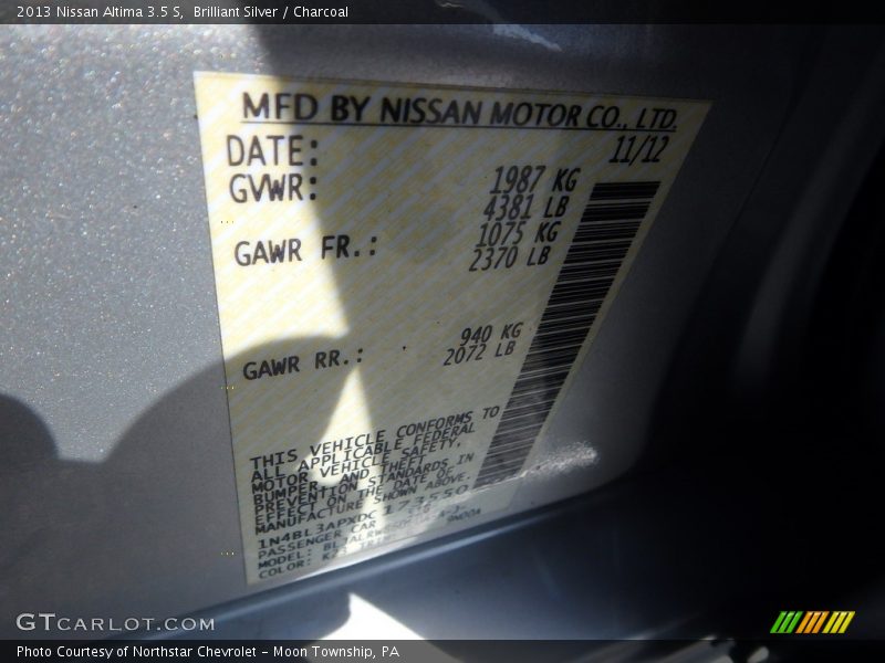 Brilliant Silver / Charcoal 2013 Nissan Altima 3.5 S