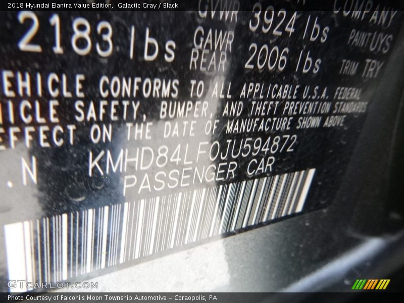 Galactic Gray / Black 2018 Hyundai Elantra Value Edition
