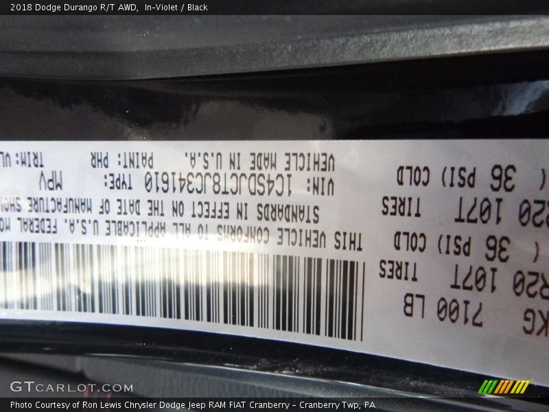 2018 Durango R/T AWD In–Violet Color Code PHR