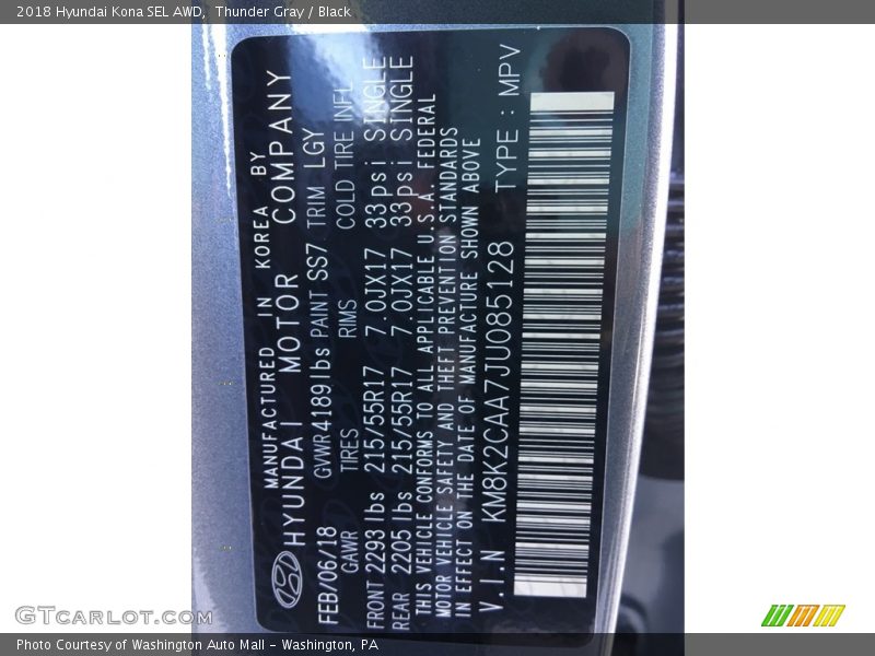 Thunder Gray / Black 2018 Hyundai Kona SEL AWD