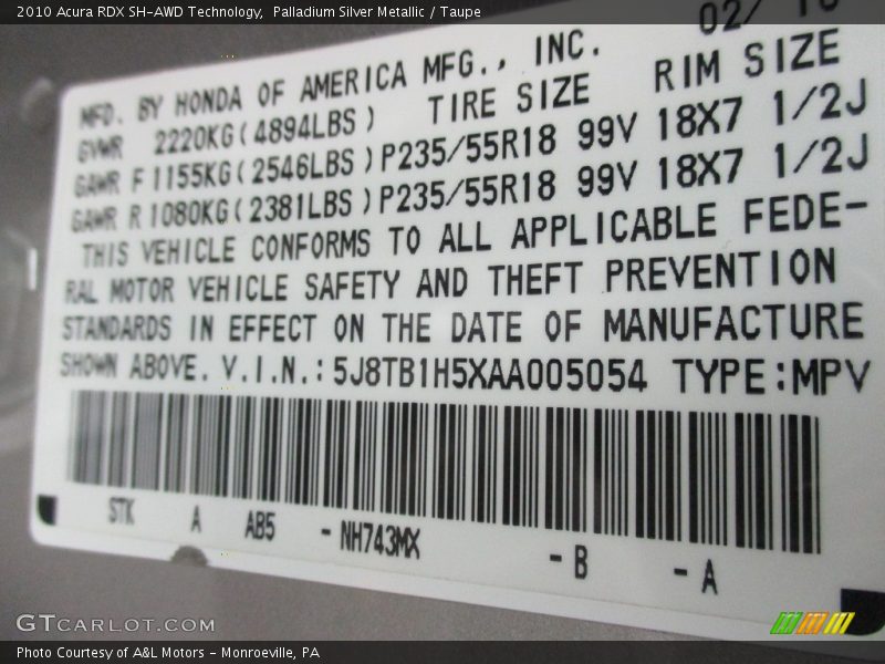 Palladium Silver Metallic / Taupe 2010 Acura RDX SH-AWD Technology
