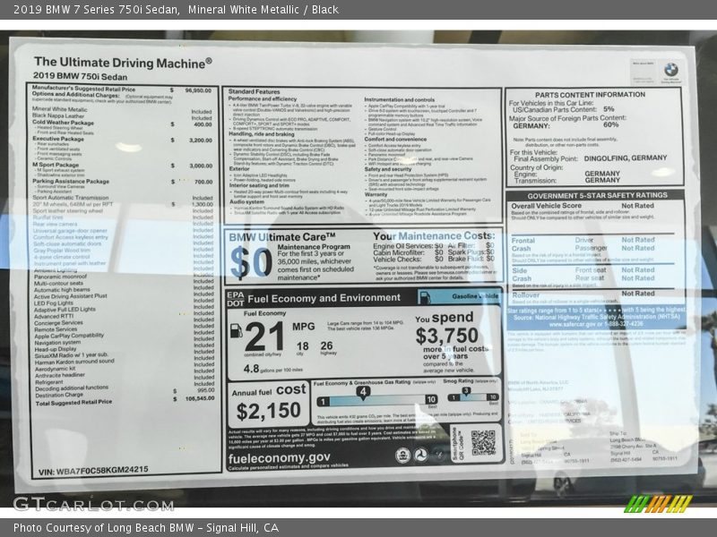  2019 7 Series 750i Sedan Window Sticker