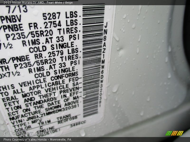 Pearl White / Beige 2013 Nissan Murano SV AWD