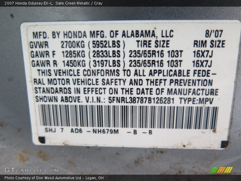 Slate Green Metallic / Gray 2007 Honda Odyssey EX-L