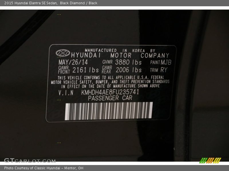 Black Diamond / Black 2015 Hyundai Elantra SE Sedan