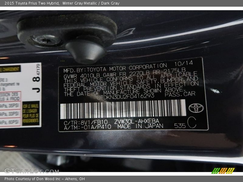 Winter Gray Metallic / Dark Gray 2015 Toyota Prius Two Hybrid